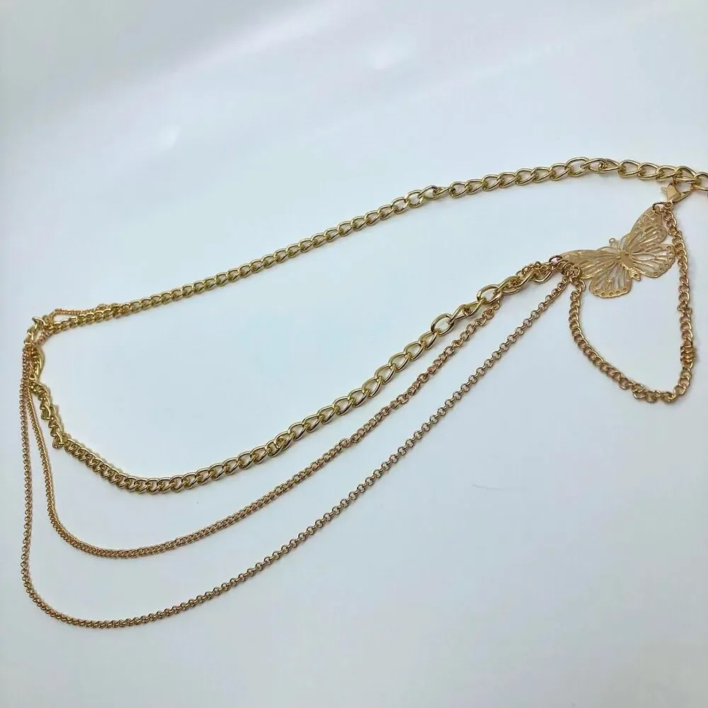 Women's Gold Butterfly Layered Chain Belt, 37 Inches, X7G9A1047